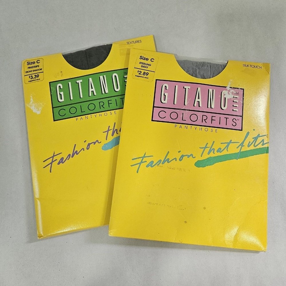 2 Vintage Gitano Colorfits Pantyhose Size C Sterling Gray Pinstripe Ebony Shadow